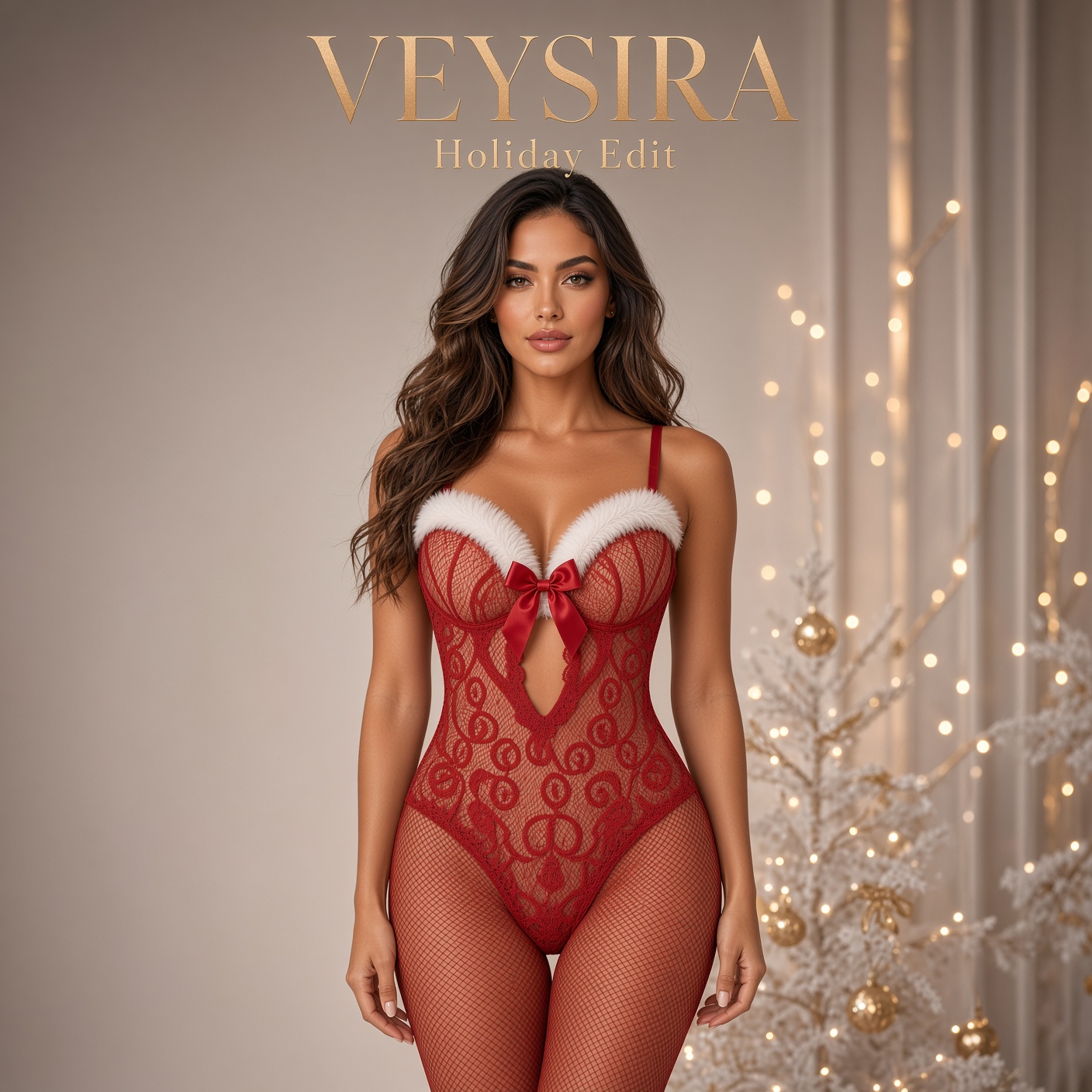 Veysira Noël Red Fishnet Christmas Bodystocking with White Trim & Bow - Image 9