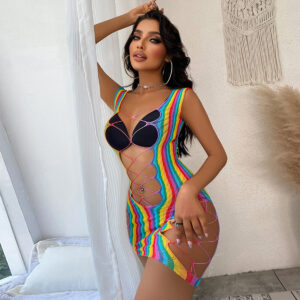 Veysira Lattice-Front Rainbow Mini Dress
