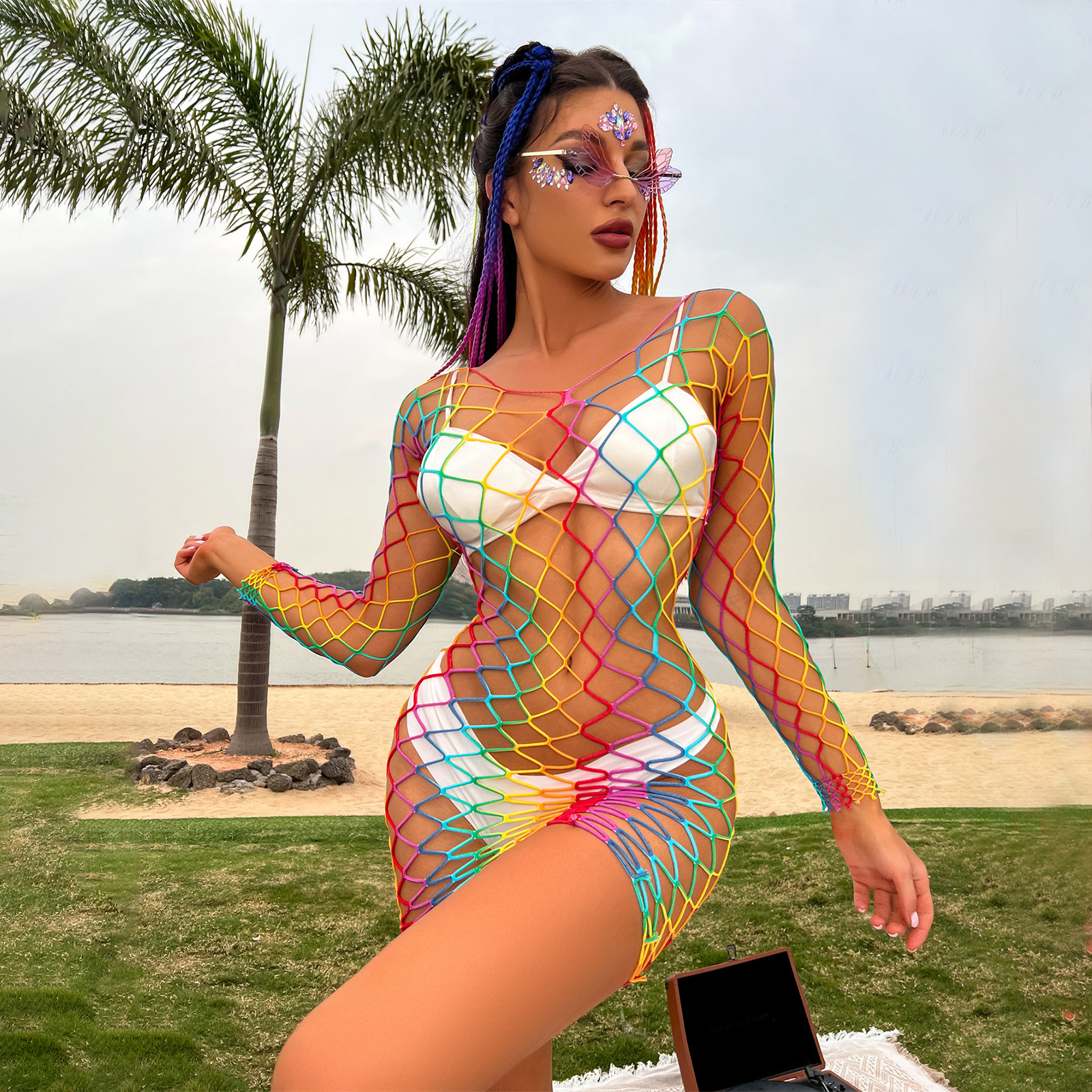 Veysira Long-Sleeve Rainbow Mini Dress