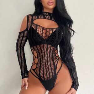 Veysira Liora Striped Long-Sleeve Mesh Bodysuit
