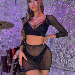 Veysira Shimmer Mesh Crop Top and Mini Skirt Set