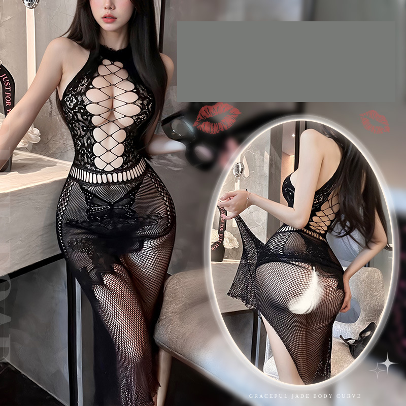 Veysira Halter Lace-Up Mesh Long Dress