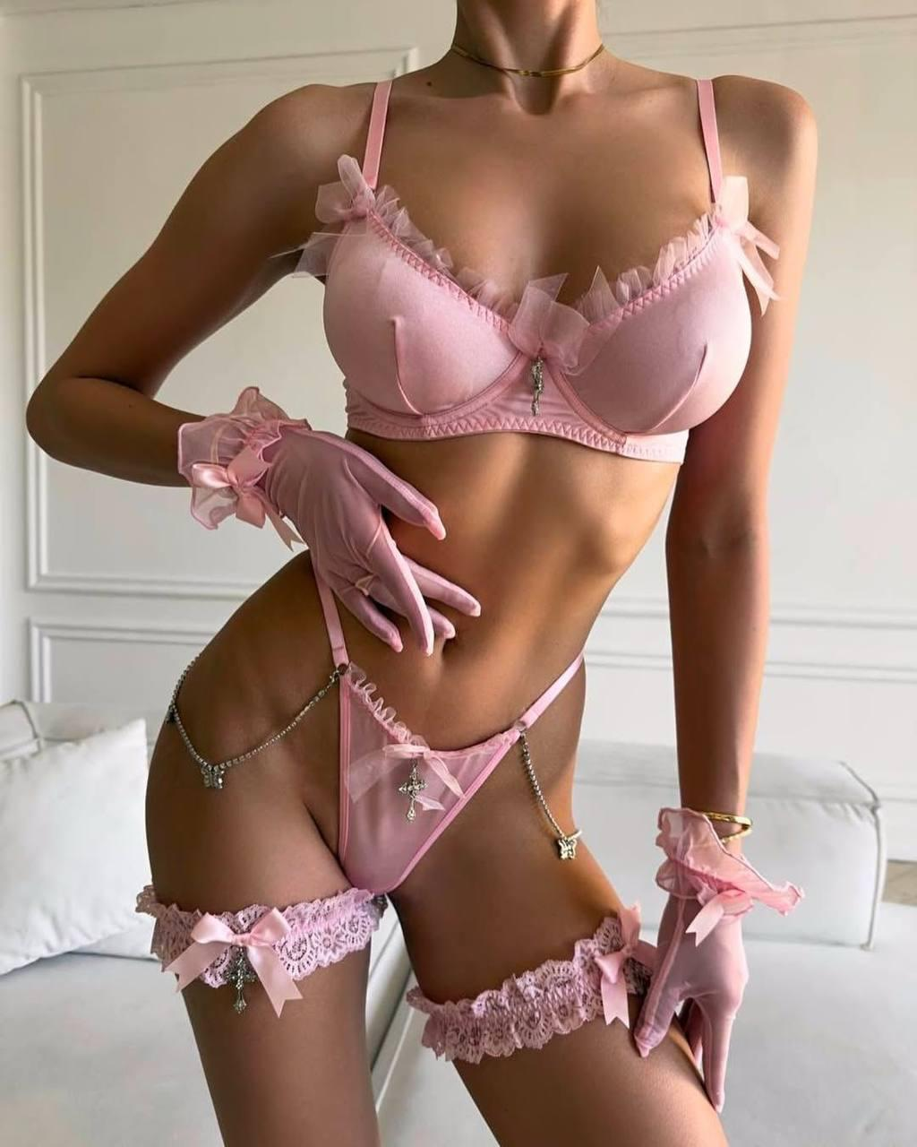 Veysira Blush Ruffle & Bow Lingerie Set