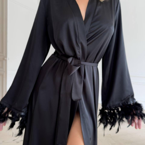 Veysira Lace-Back Long Robe with Feather-Look Cuffs