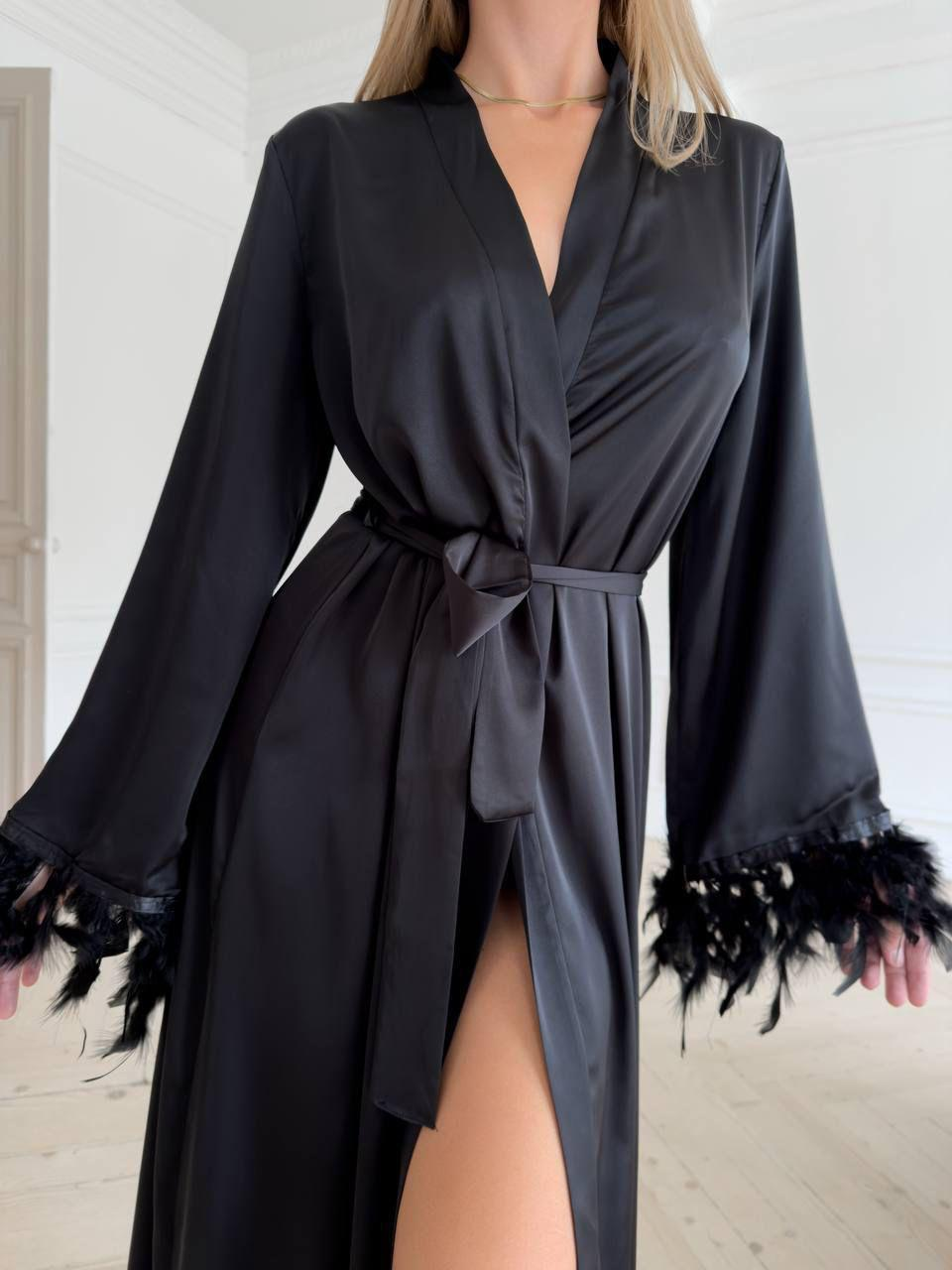 Veysira Lace-Back Long Robe with Feather-Look Cuffs
