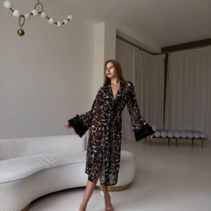 Veysira Leopard-Print Robe with Feather-Look Cuffs