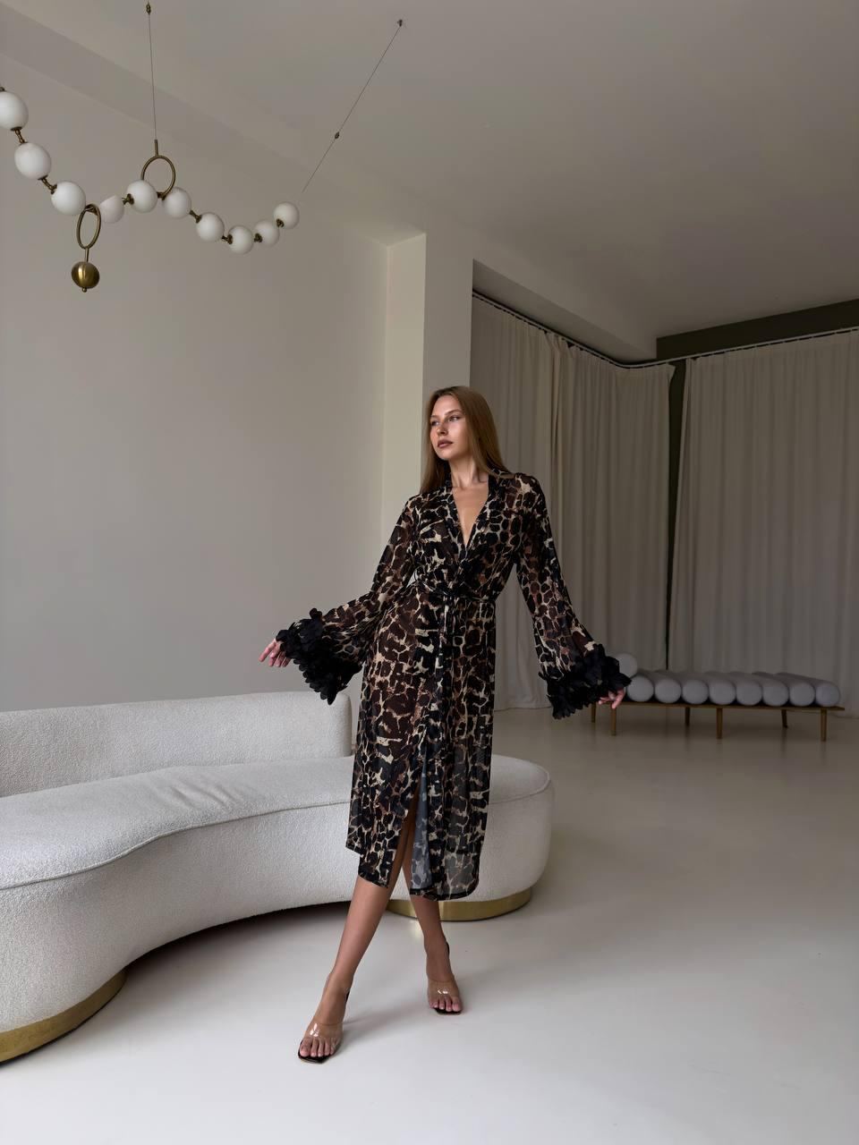 Veysira Leopard-Print Robe with Feather-Look Cuffs