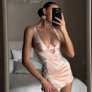 Veysira Satin-Look Lace-Panel Keyhole Chemise
